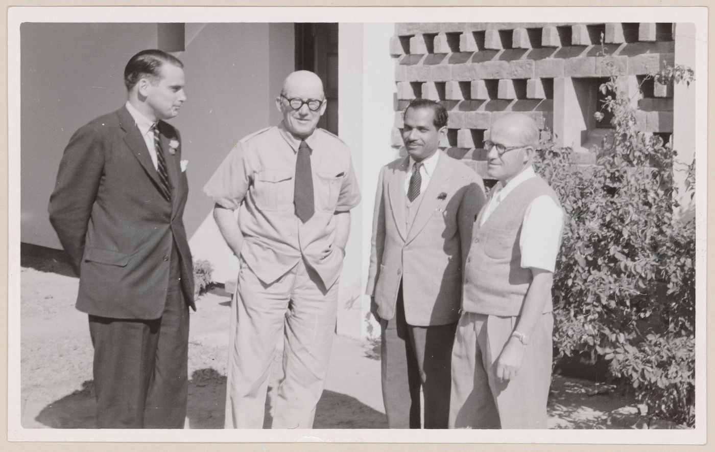 Parkin, Le Corbusier, Pierre Jeanneret and their colleague in India, probably in Chandigarh