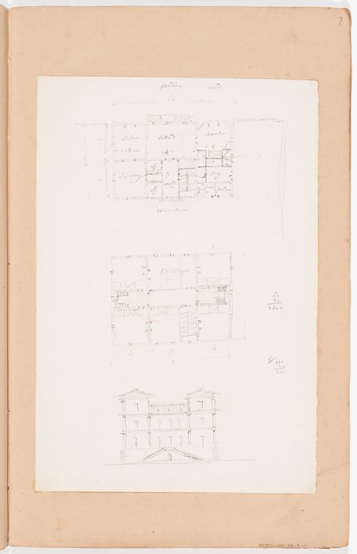 Ground and first floor sketch plans and elevation for an unidentified house