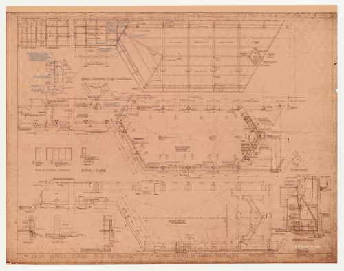 Wayfarers' Chapel, Palos Verdes, California: Plans and details for foundations, ground floor and roof for the parish house, section through the chimney, and door and window schedule for the parish house, including typical grid unit and indicating post-con