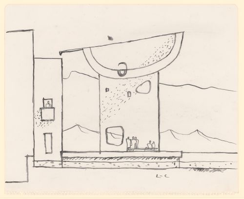 Preliminary sketch elevation for the southeast corner for Chandigarh Assembly Building