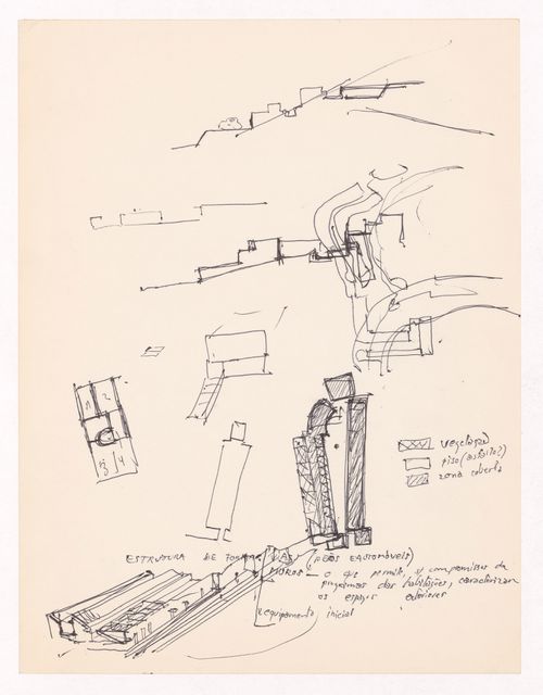 Sketch details, plans, and axonometric view for Manuel Pereira Júnior, Vila Nova de Gaia, Portugal