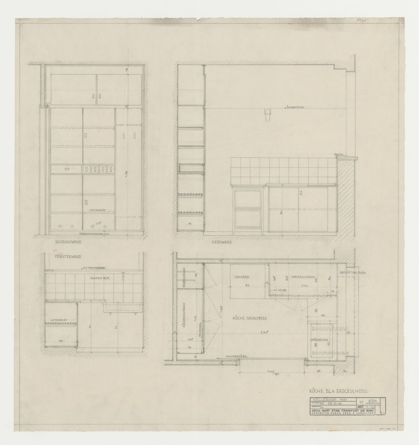 Ground floor plan and elevations for a kitchen for a housing unit for Block IX, Hellerhof Housing Estate, Frankfurt am Main, Germany