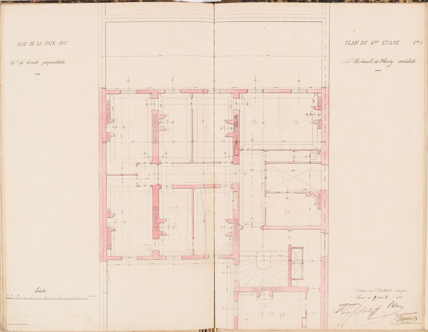 Contract drawing for the Hôtel du Timbre for Monsieur Le Comte, 7 rue de la Paix, Paris: Plan for the "6e étage" for the "1er appartement"