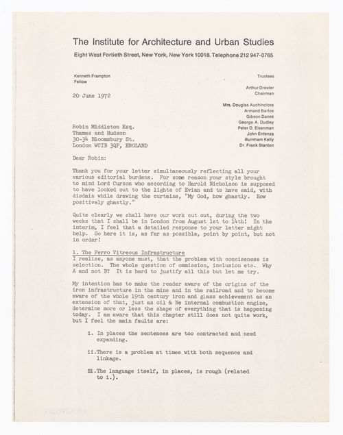 Letter from Kenneth Frampton to Robin Middleton about "Modern Architecture: A Critical History" comments