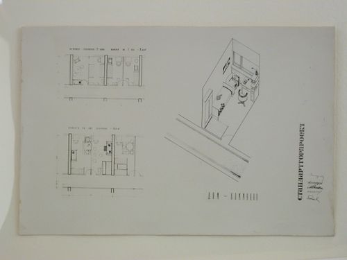 Photograph of room plans and a perspective drawing for a house-commune, Krasnaia Presnia Street, Moscow