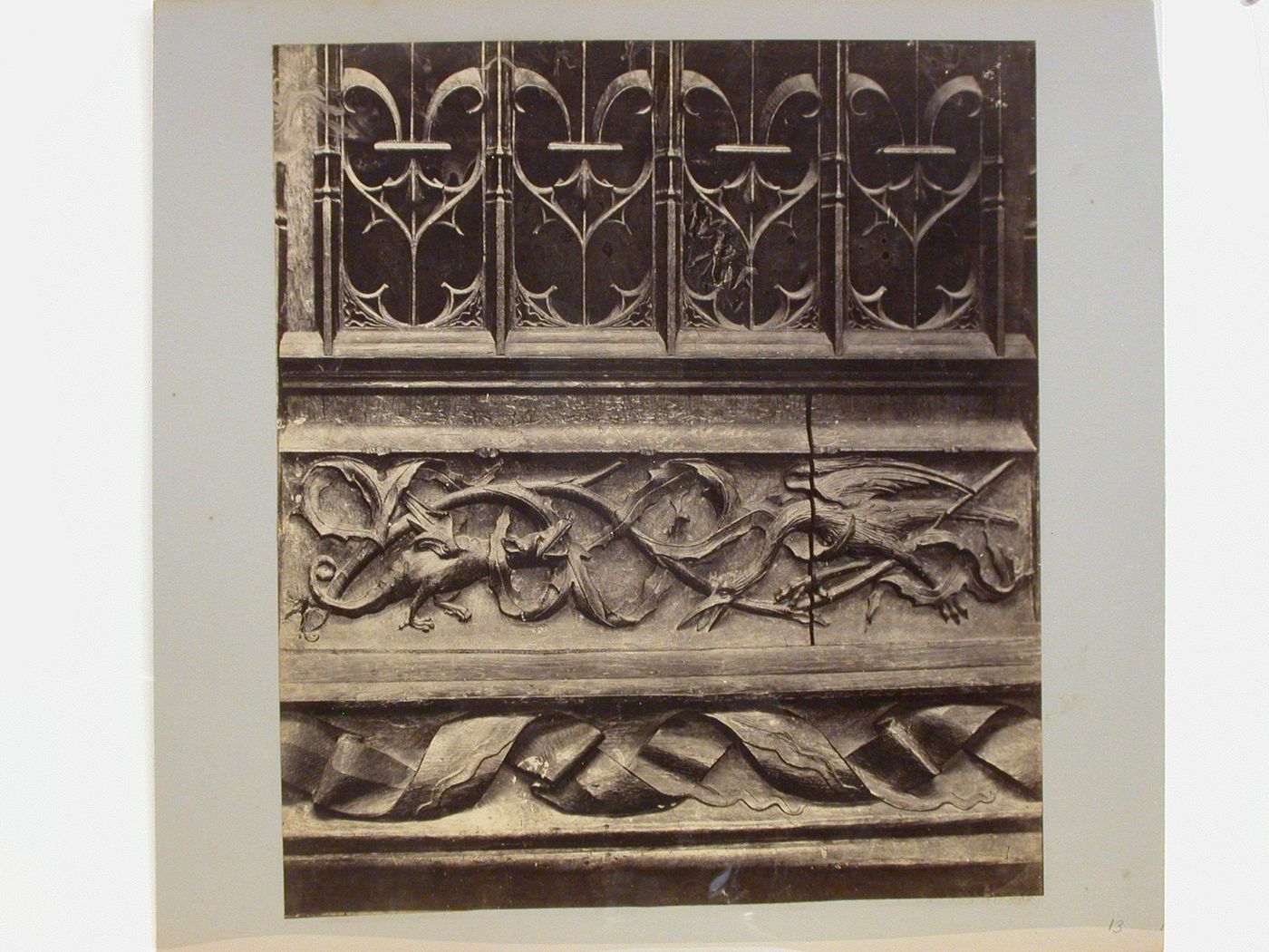 Amiens Cathedral choir close-up of detailed wooden carving above choir stalls, Amiens, France
