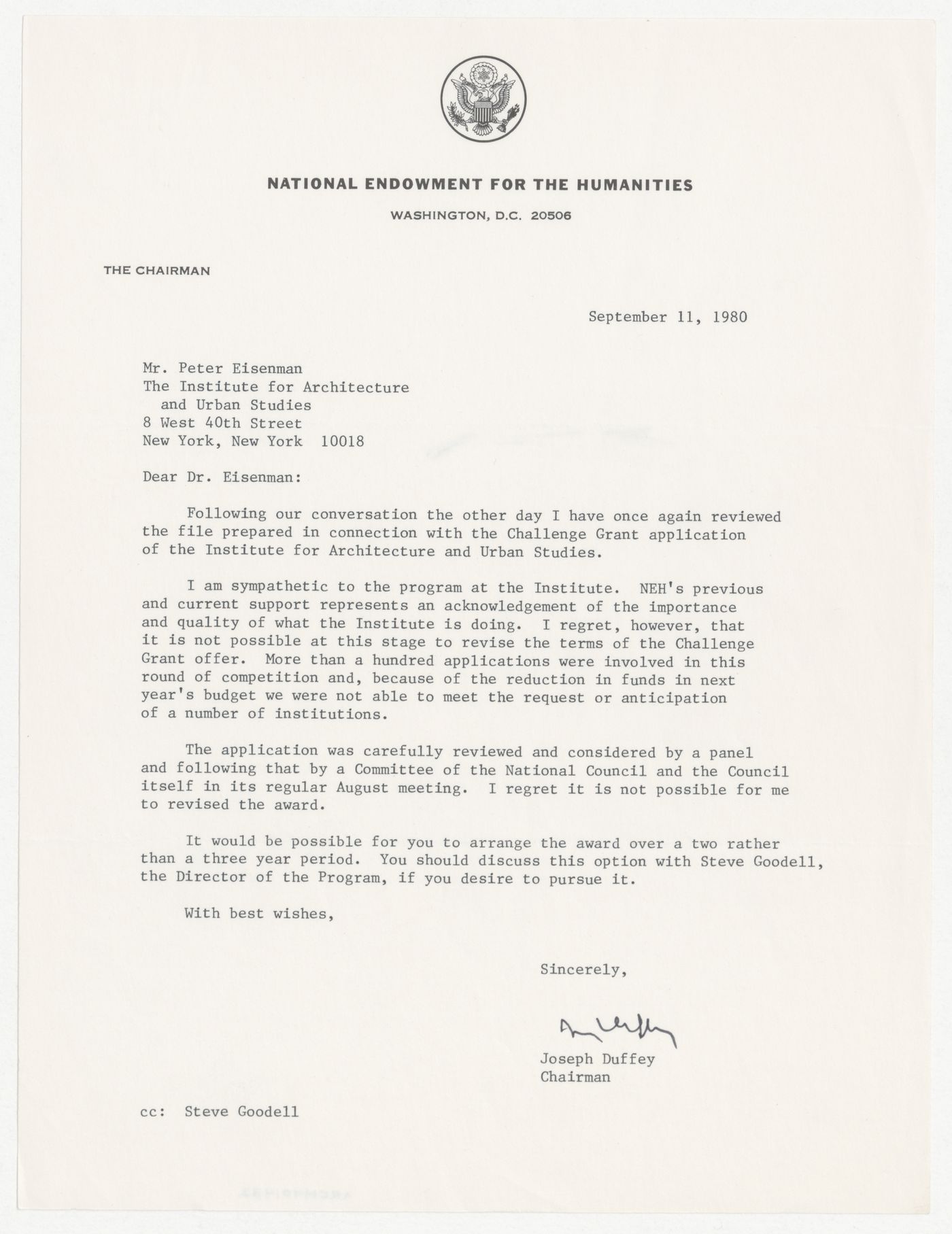 Letter from Joseph Duffey to Peter D. Eisenman about application to National Endowment for the Humanities (NEH) Challenge Grant