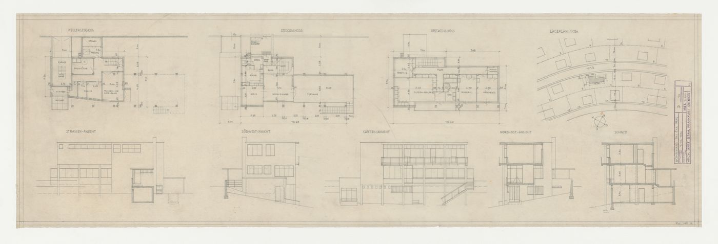 Site plan, plans, sections, and elevations for Villa Palicka showing the second stage of design, Prague, Czechoslovakia (now Czech Republic)
