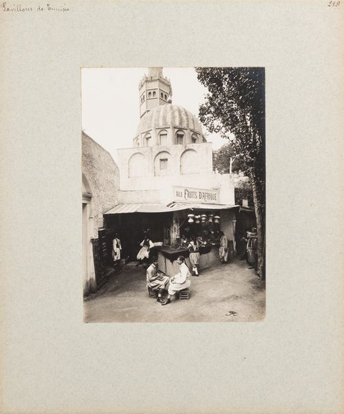View of shop "Aux fruits d'Afrique", Tunisian section, Exposition universelle, 1900, Paris, France