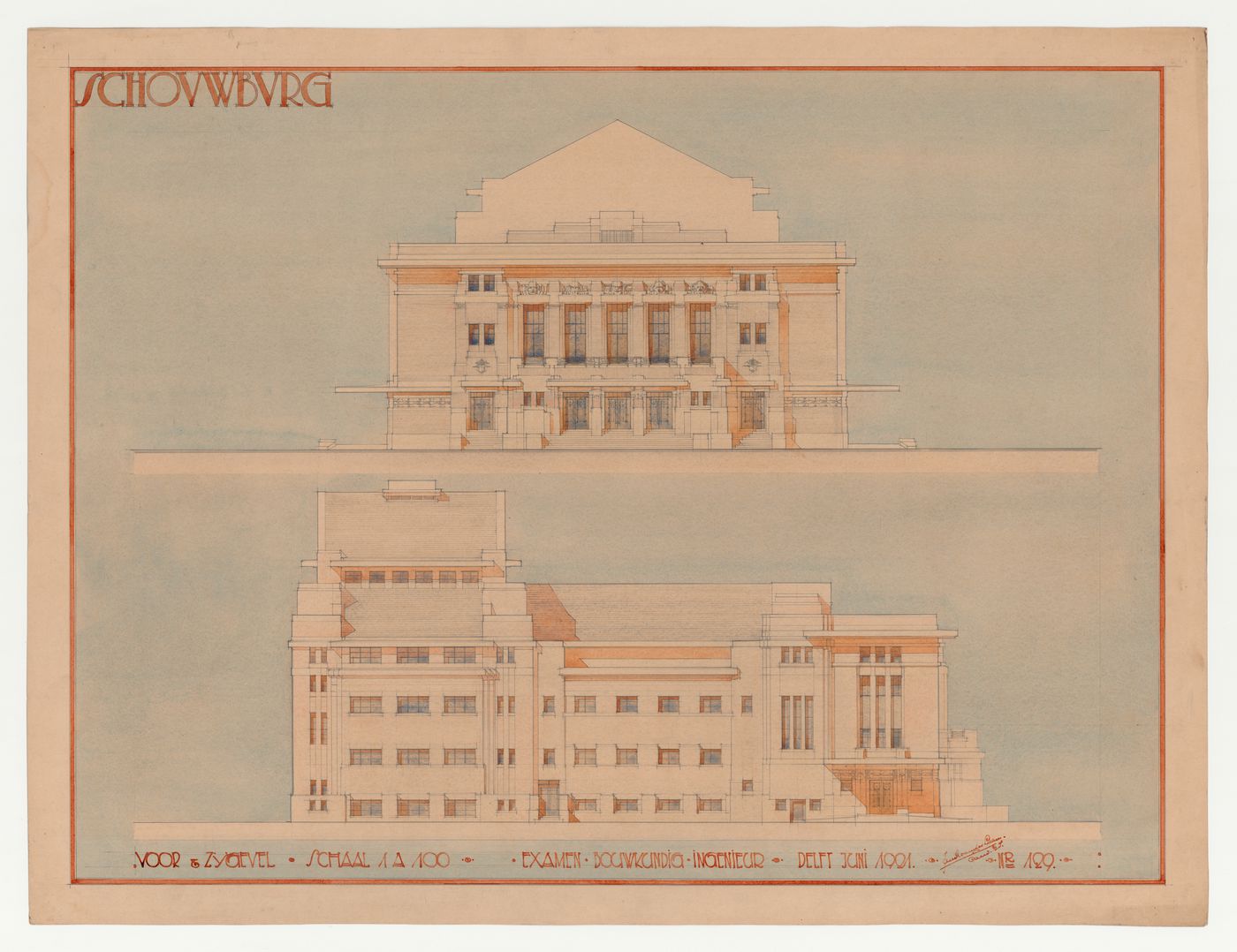 Student presentation drawing showing the principal and lateral elevations for a theatre, Technische Hogeschool Delft, Netherlands