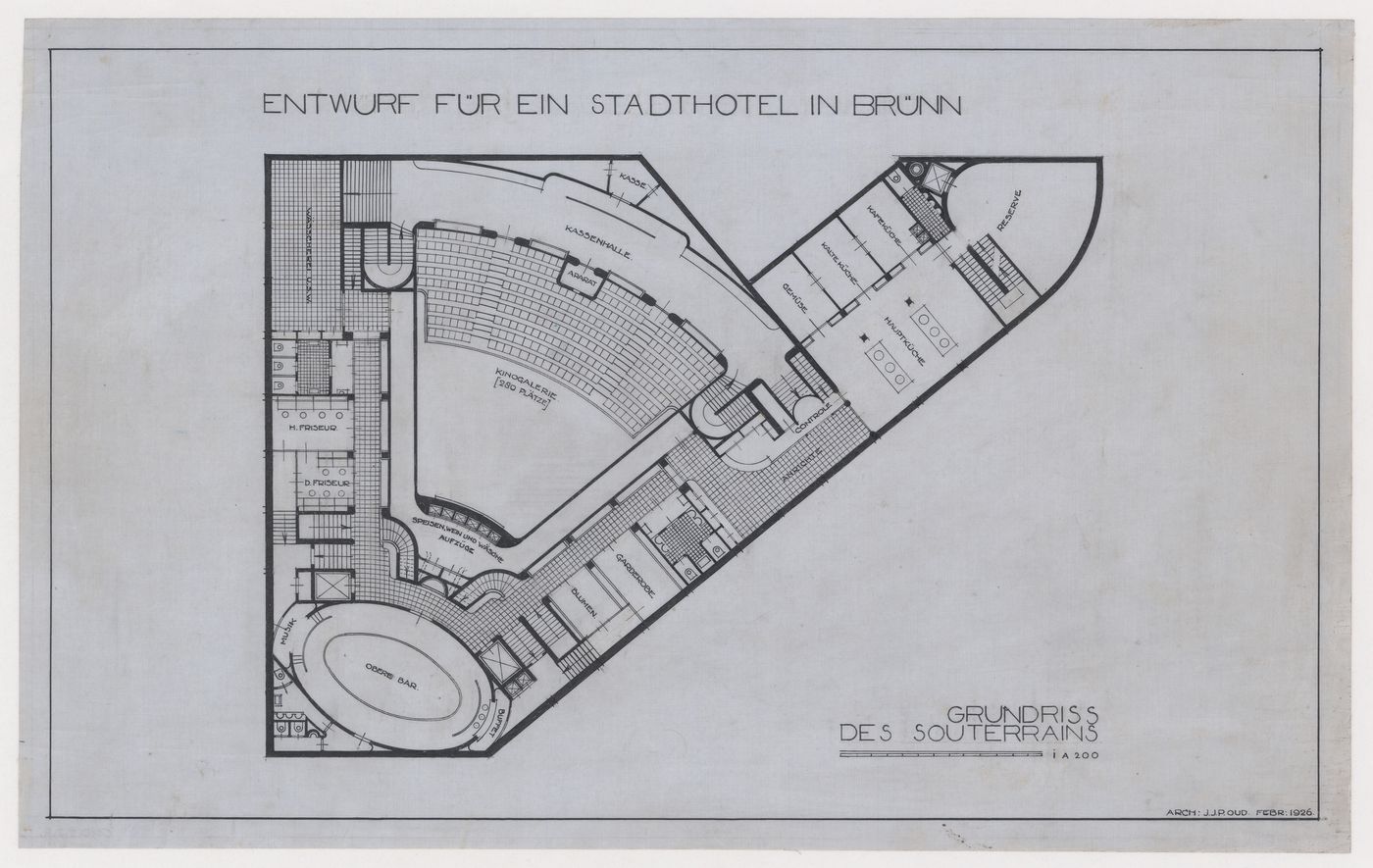 Lower basement plan for Hotel Stiassni, Brno, Czechoslovakia (now Czech Republic)