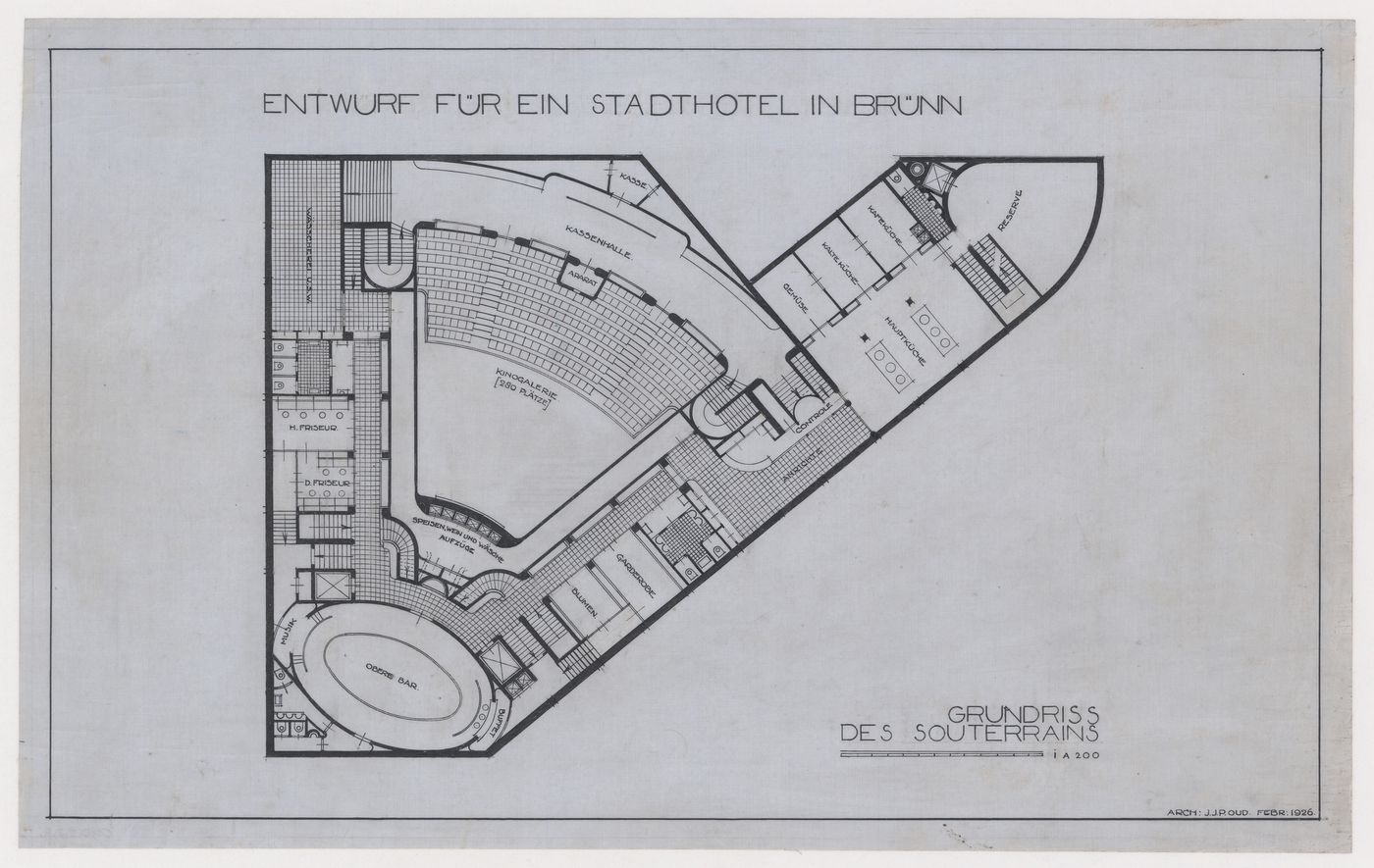 Lower basement plan for Hotel Stiassni, Brno, Czechoslovakia (now Czech Republic)