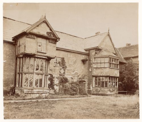 Exterior view of the dilapitated windows of Ordsall Hall, Salford, England