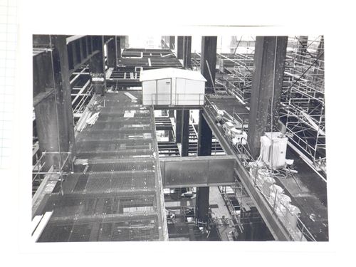 View of construction of steel structure for power station, from interior, United Kingdom