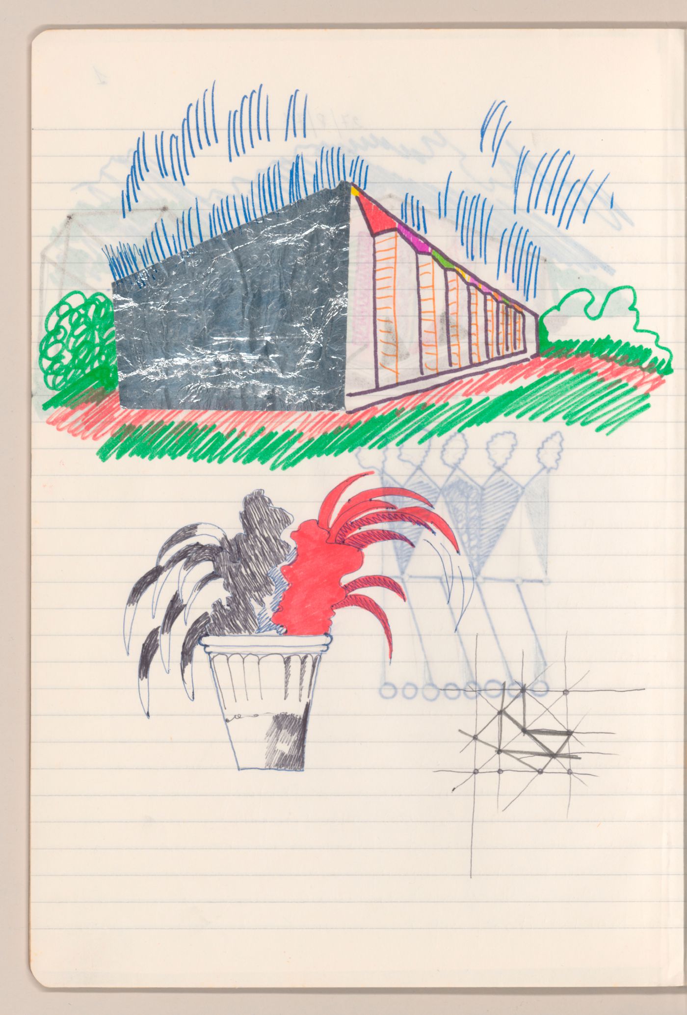 Sketchbook with drawings, collages, and texts on various projects, including material culture
