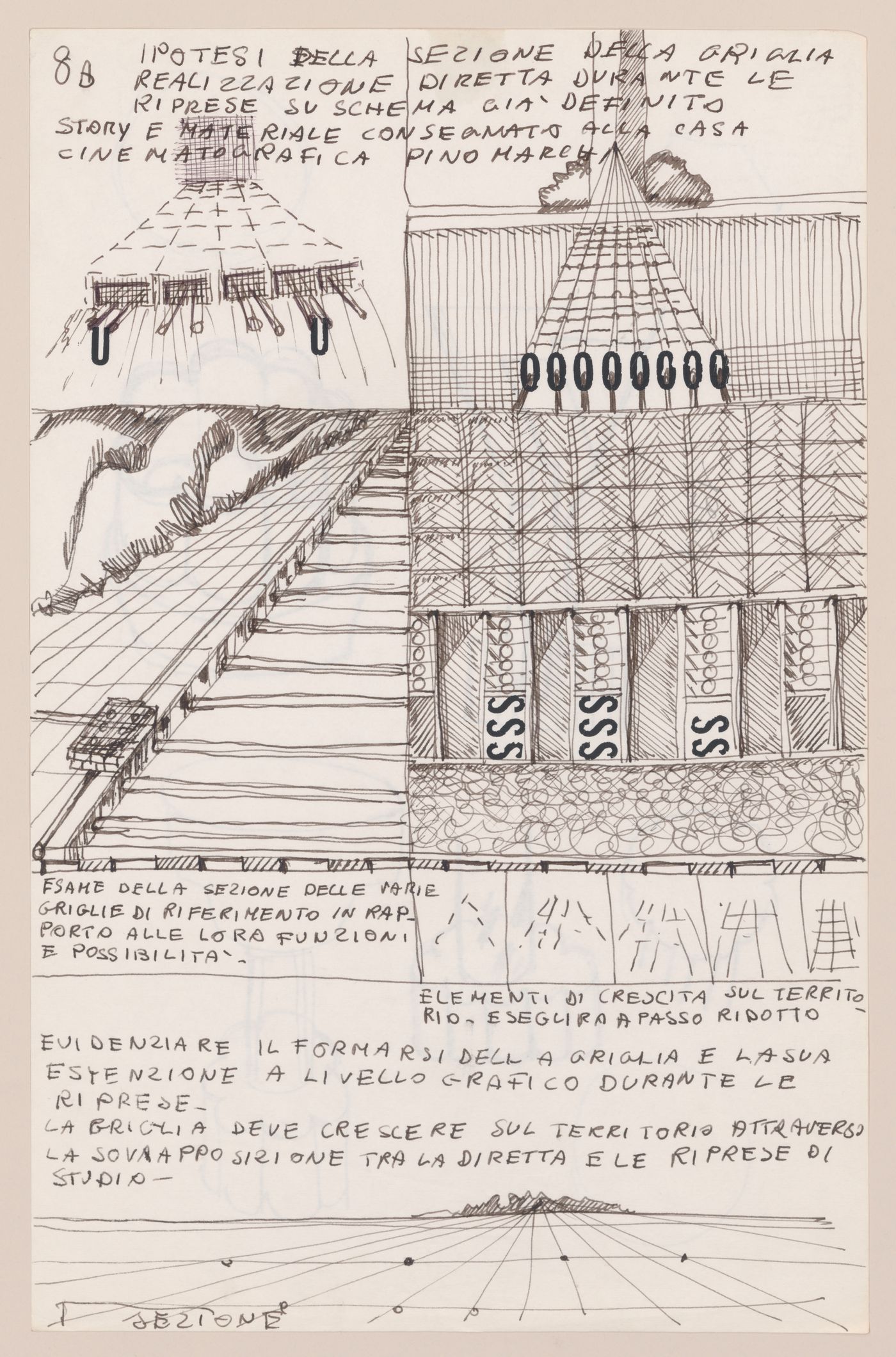 Page 8 of a storyboard describing filming locations and planning sketches of various scenes for Supersuperficie [Supersurface]