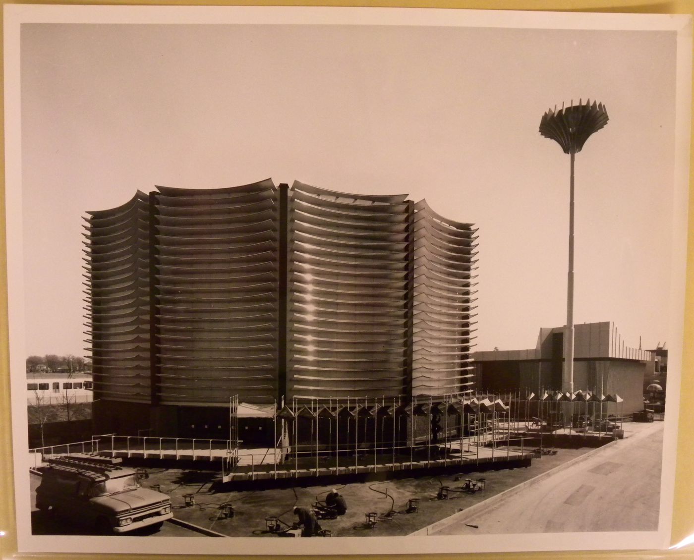 View of the Canadian Pacific-Cominco Pavilion at its final construction stage, Expo 67, Montréal, Québec