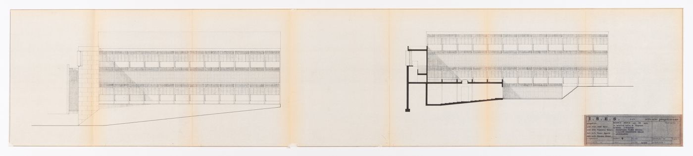 Middle school ("Scuola media") in San Sabba, Trieste, Italy: elevation facing the street and sectional elevation of auditorium