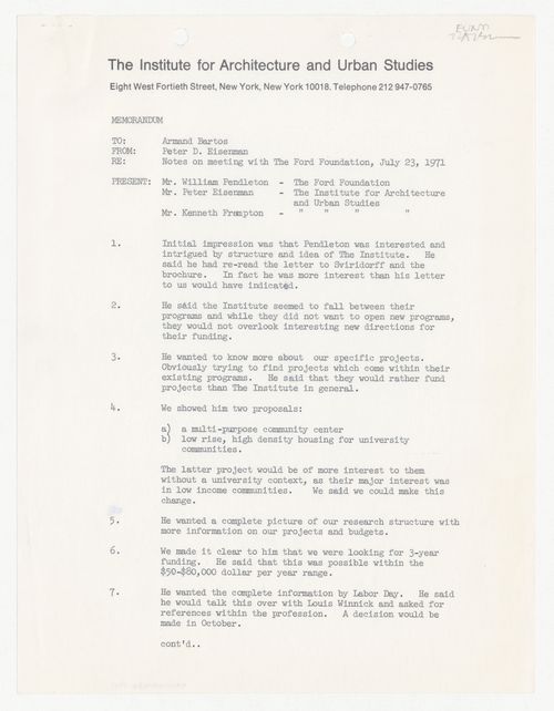 Memorandum from Peter D. Eisenman to Armand Bartos about meeting with The Ford Foundation on July 23rd, 1971