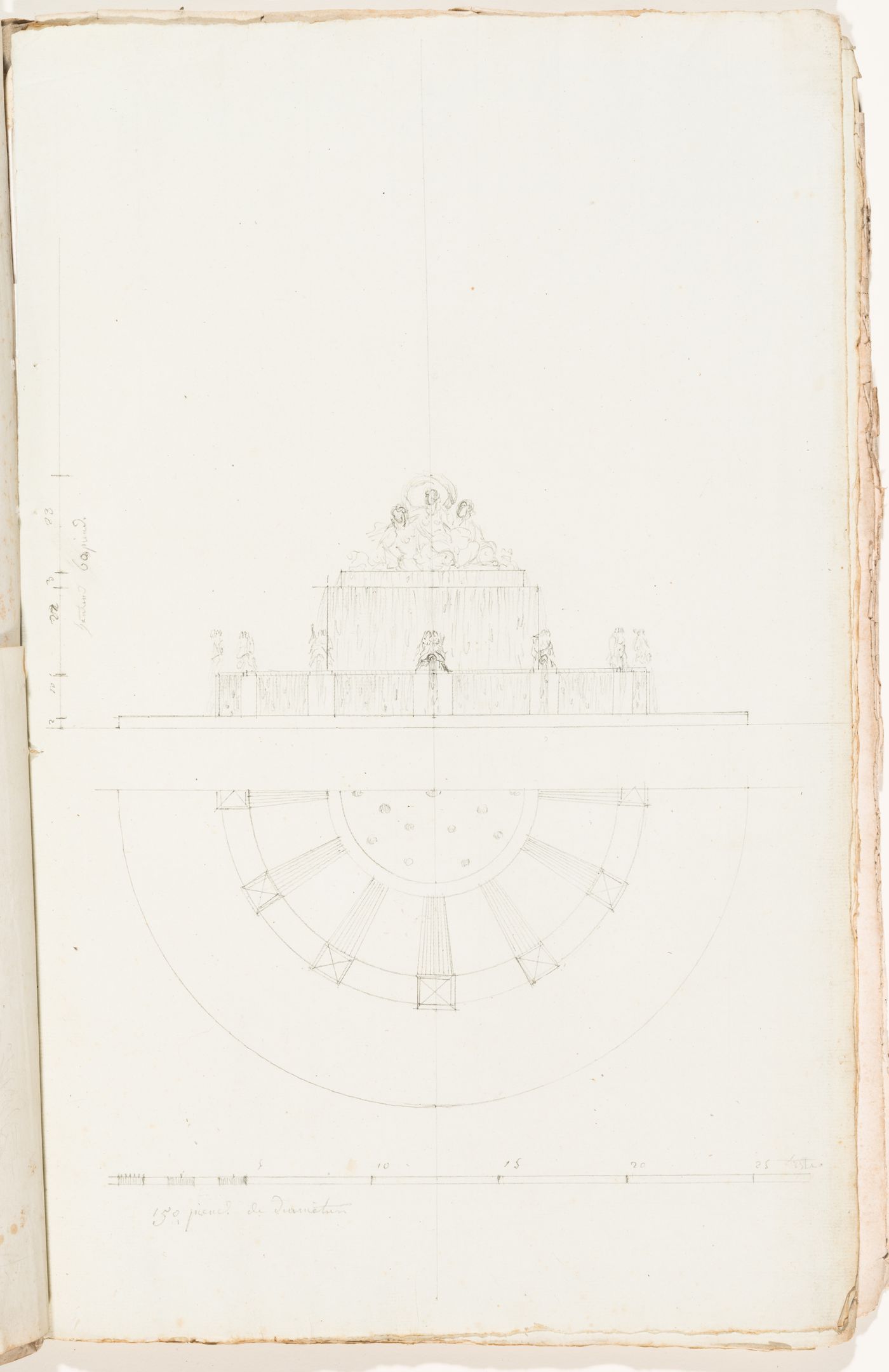 Conceptual sketch elevation and half plan for a two-tiered fountain with a central sculpture