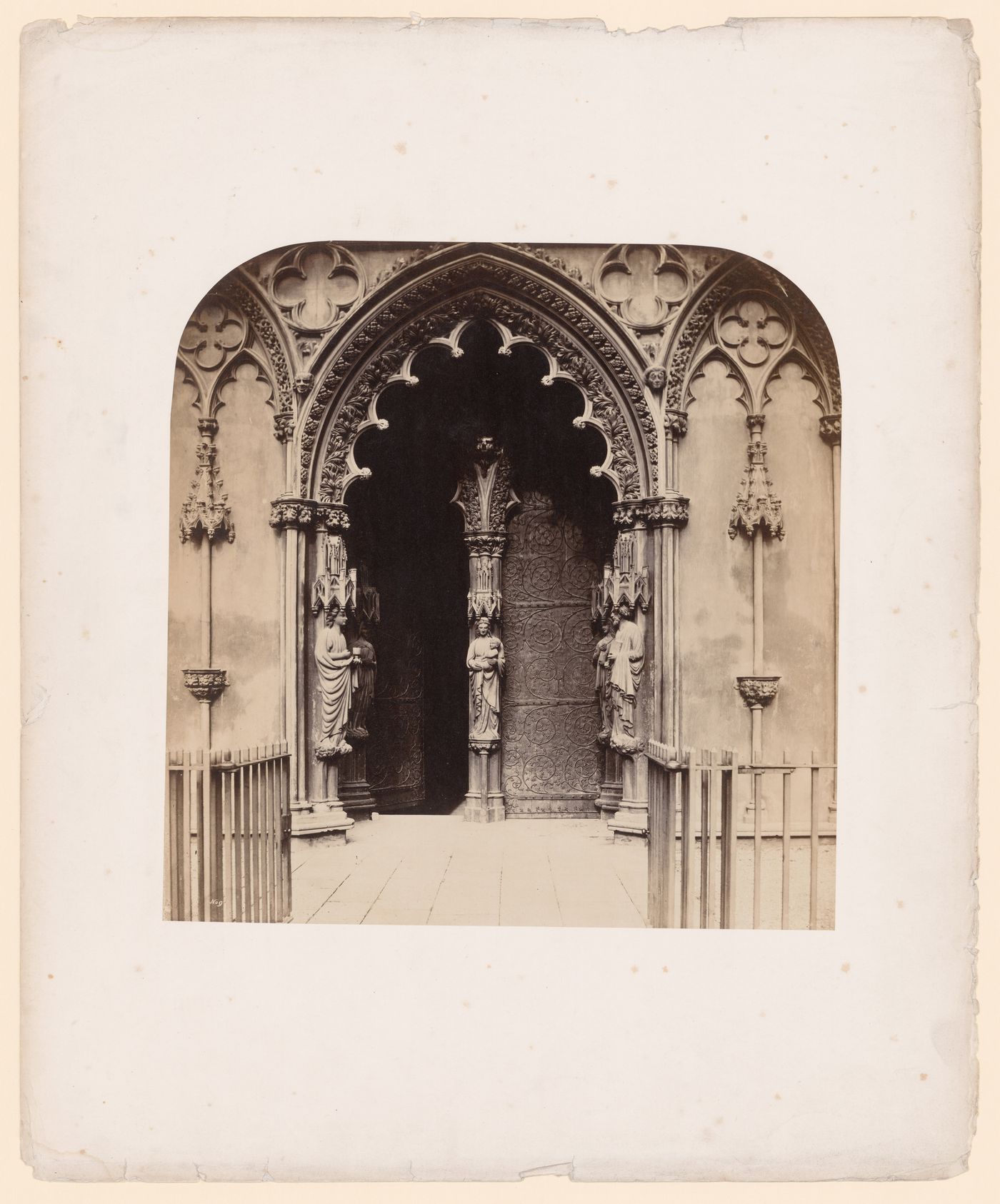 Detail of entrance and façade, probably central 1 portion of west porch, Lichfield, England