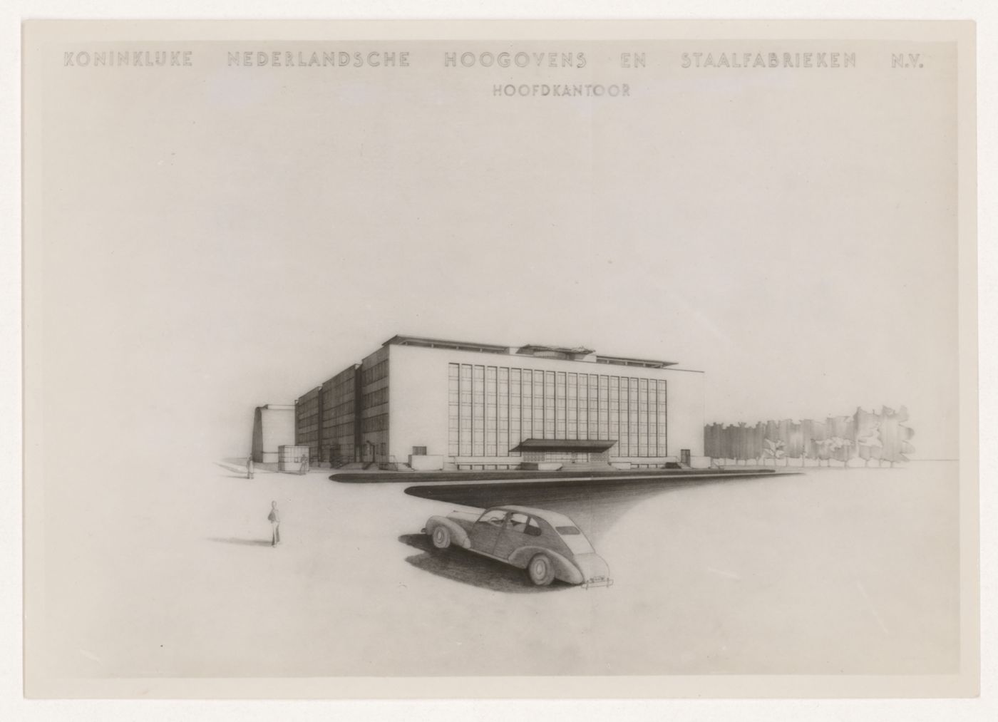 Photograph of a perspective drawing for the office building for the Dutch Steelworks Headquarters, IJmuiden, Netherlands