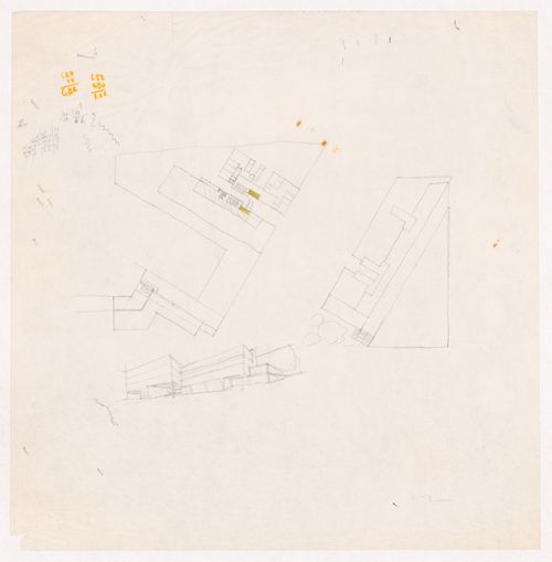 Sketch floor plans and perspective for Habitações Colectivas da Mobil Oil Portuguesa, Matosinhos, Portugal