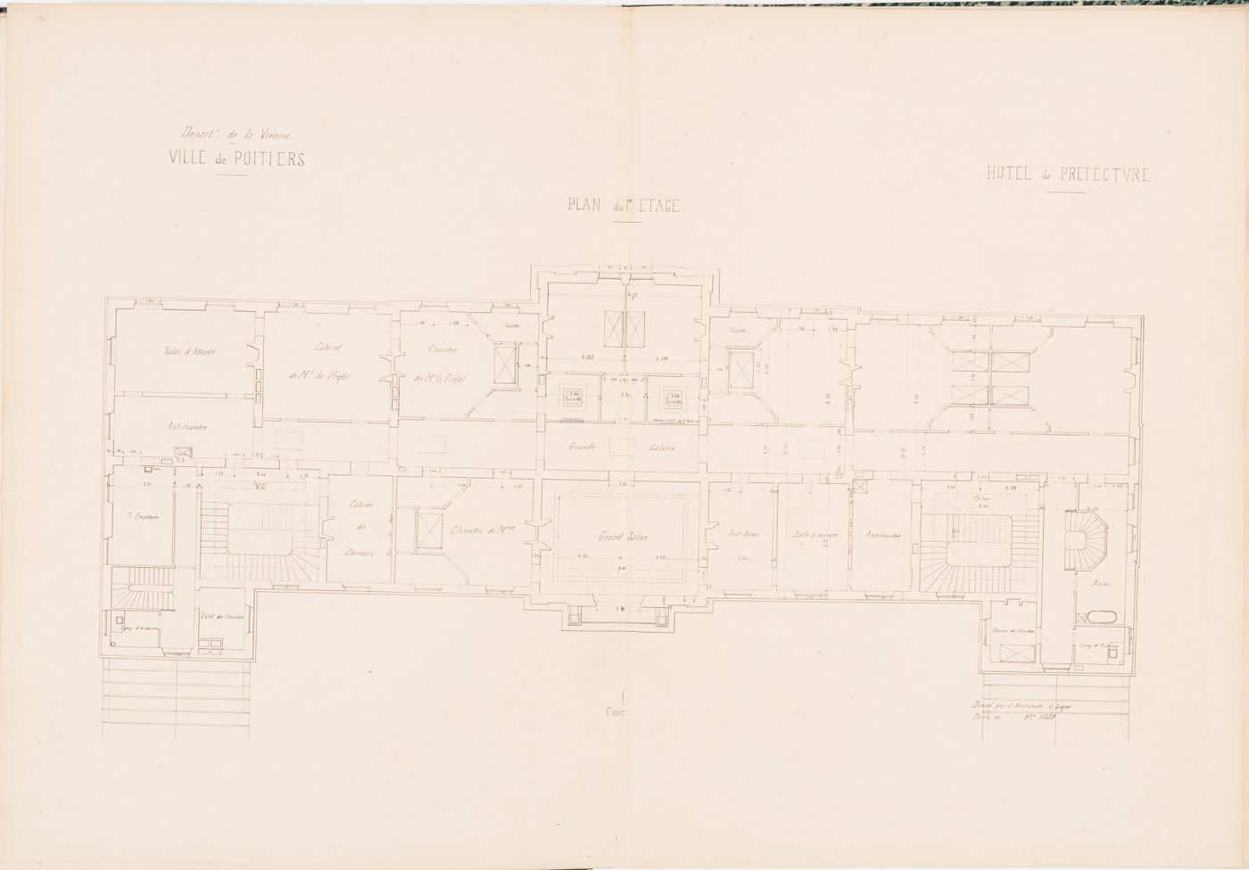 Project for a Hôtel de préfecture, Poitiers: First floor plan for the Hôtel du Préfet