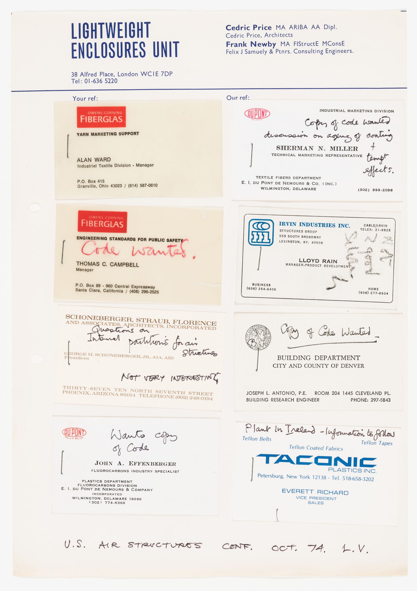 Department of the Environment (DOE) Air Structure project: business cards from a conference on air structures held in Las Vegas, Nevada, in 1974