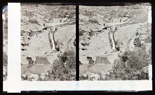Stereograph of waterfall in the mountains, possibly Crystal Falls, California, United States of America