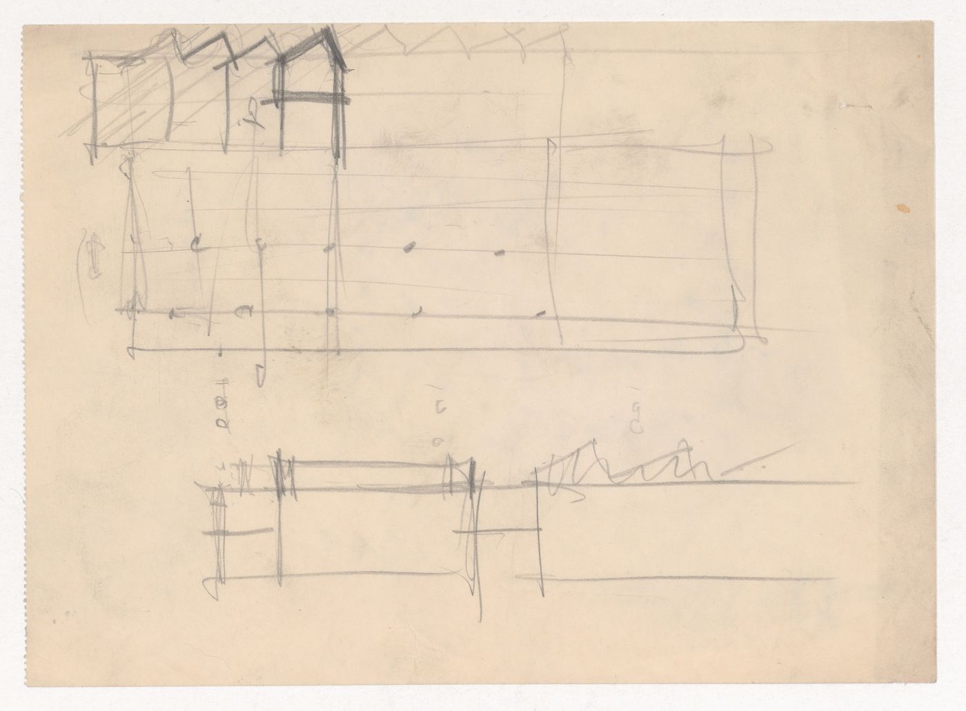 Sketch plan and partial sketch elevations for a campus building with skylights for Illinois Institute of Technology