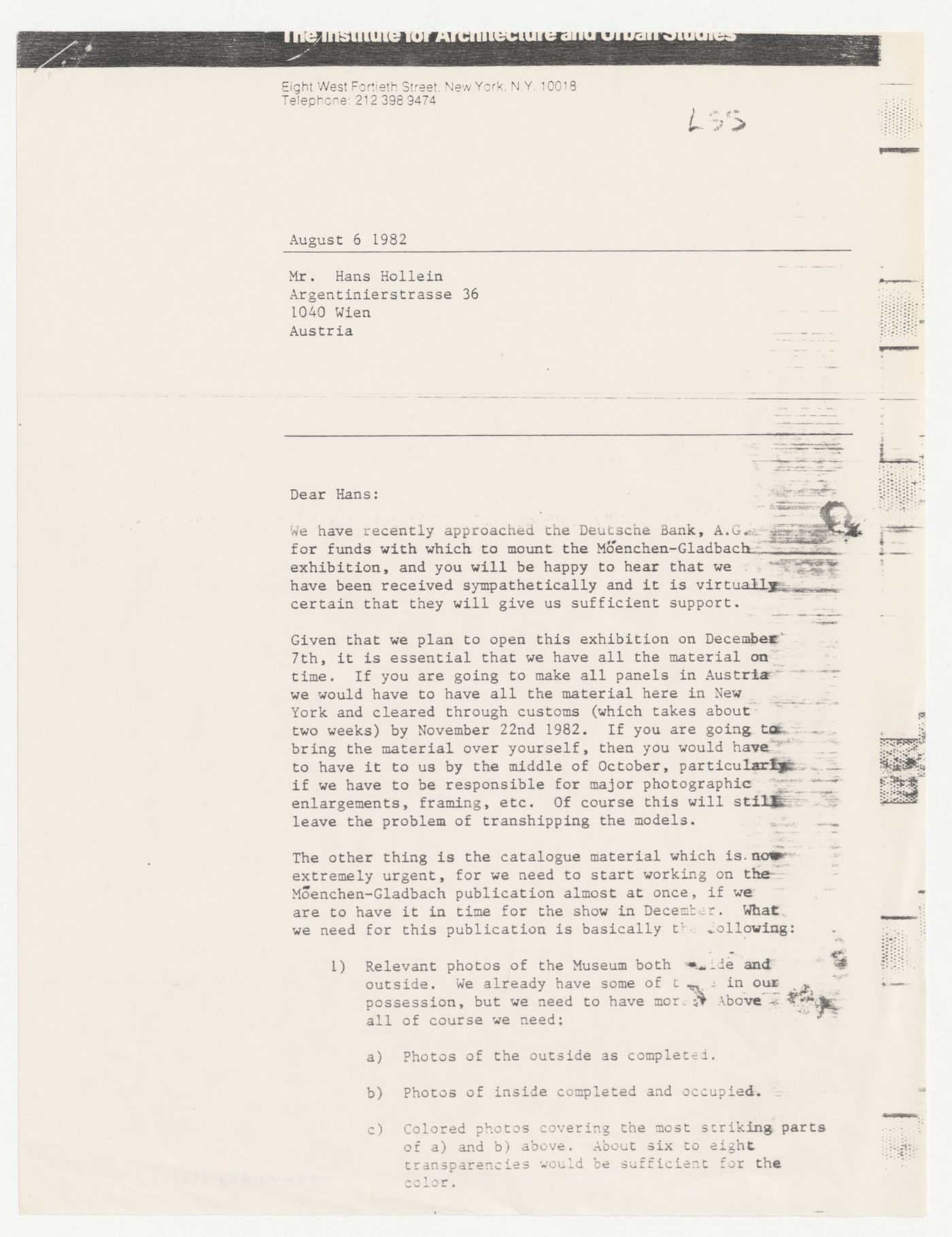 Letter from Edith L. Morrill to Hans Hollein about Möenchen-Gladbach exhibition and catalogue