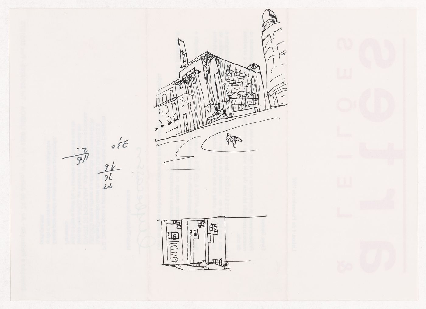 Sketch perspective and sketch floor plan for Remodelação do Cinema Condes, Lisbon, Portugal; verso: Letter from Marie-Thérèse Abecassis of magazine Artes & Leilões