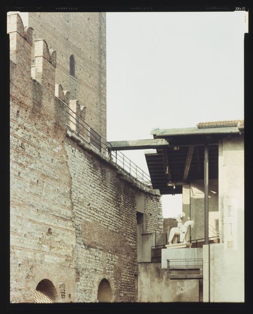 View of a wall, the Torre del Mastio and the Can Grande della Scala Statue, Museo di Castelvecchio, Verona, Italy