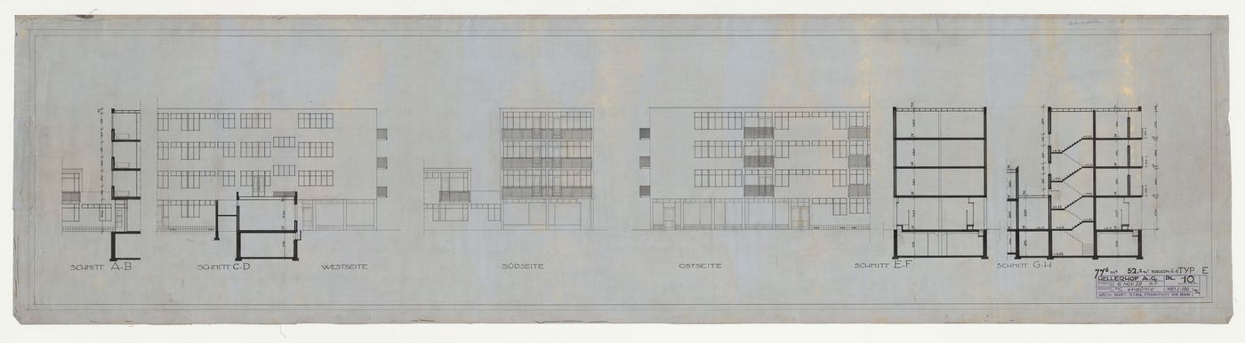 West, south, and east elevations, and sections for a type E housing unit, Hellerhof Housing Estate, Frankfurt am Main, Germany