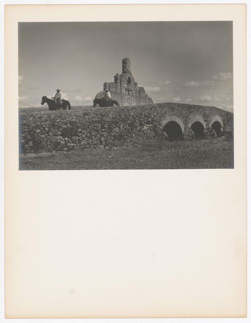 View of a bridge and men on horseback, near the old Texcoco-Zumpango Causeway [?], Mexico