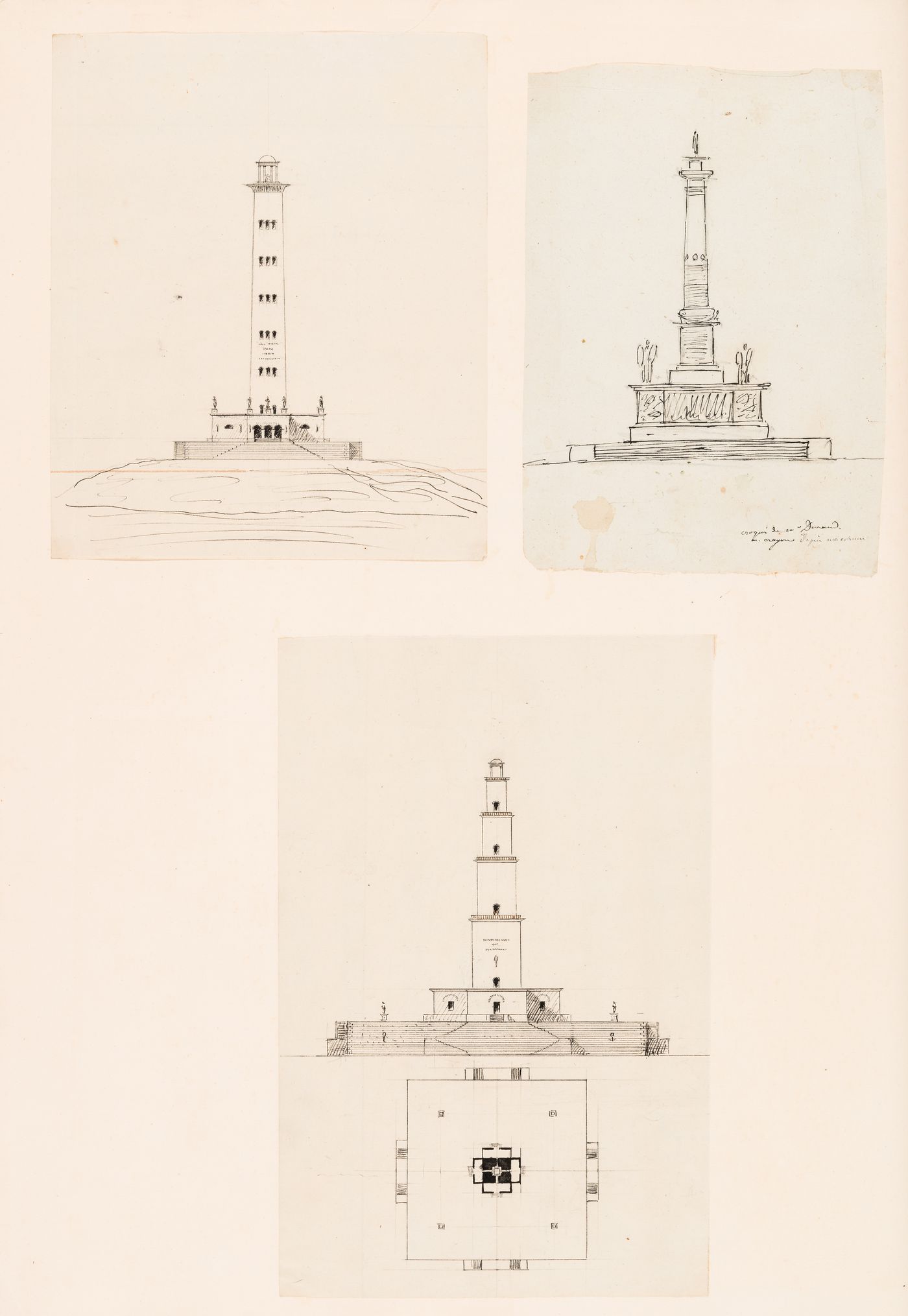 Elevation and site plan for a country house; verso: Plan and sketch elevations showing three alternate designs for a monument