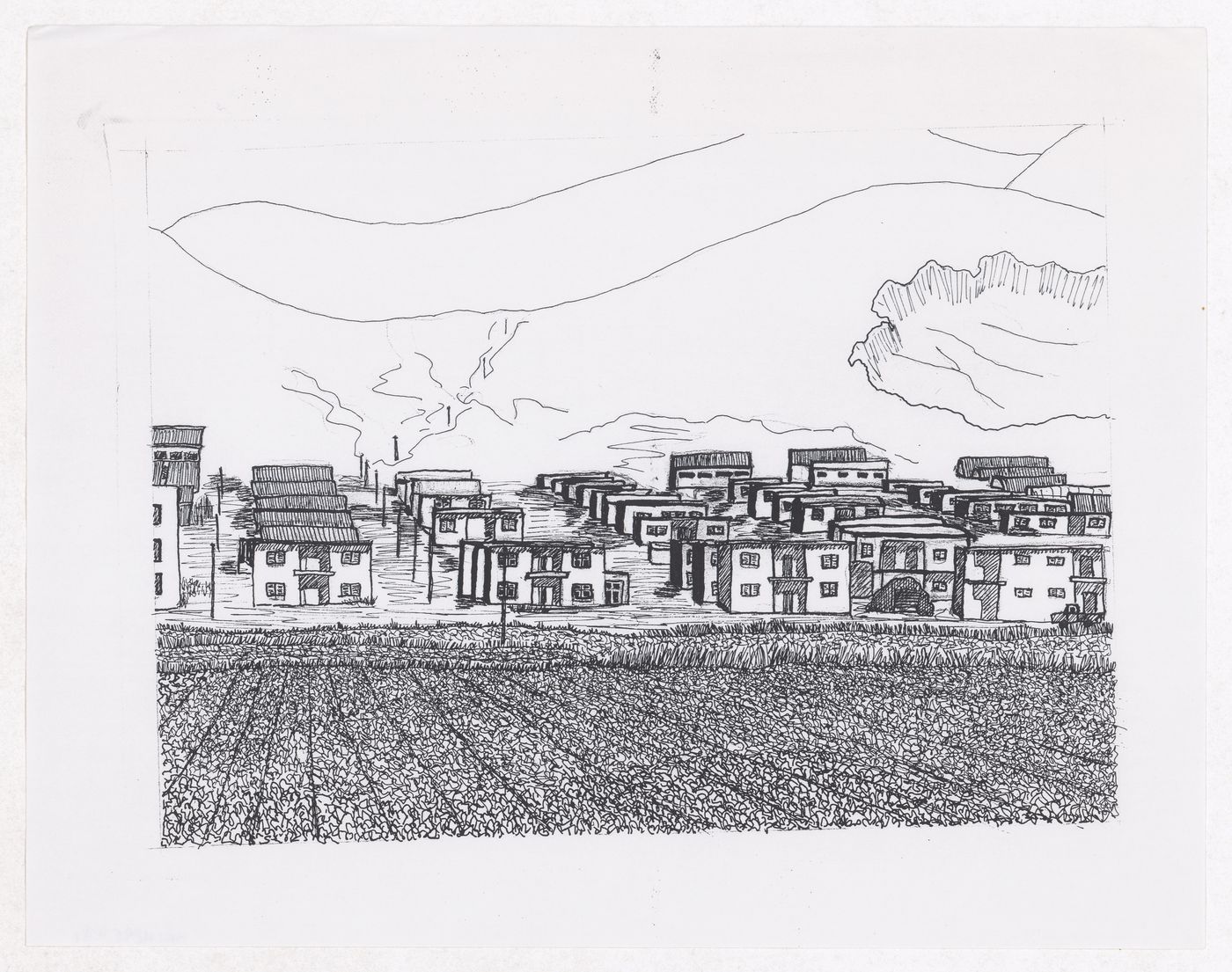 Sketch of illustration showing the Weinin Cun village in the Lianin province for "Housing a Billion: Village Upgrading: Jianlu, China" publication
