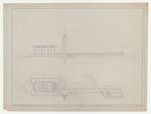 Wayfarers' Chapel, Palos Verdes, California: South elevation and plan for the chapel, vestry, campanile, cloister and parish house