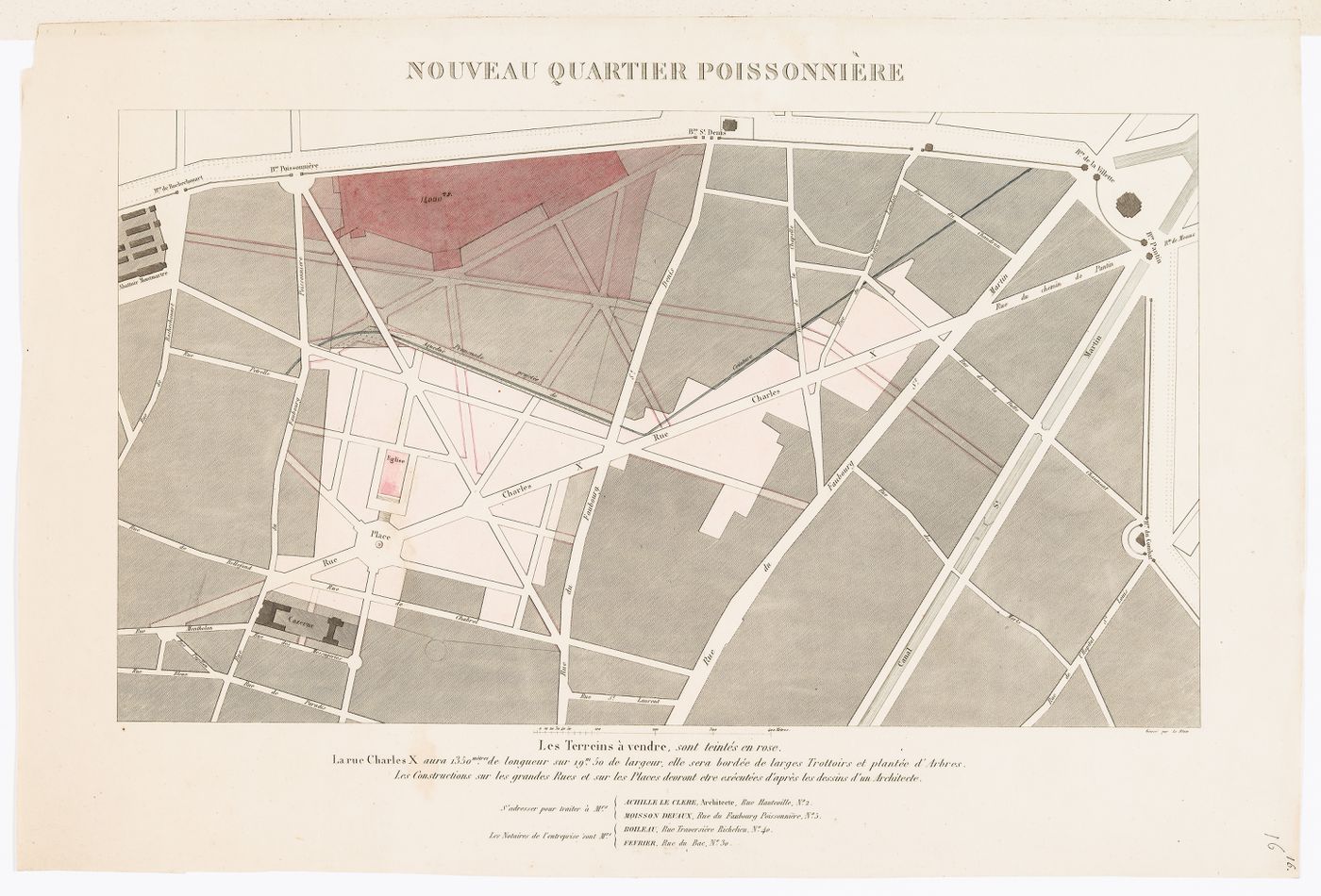 Site plan for the nouveau quartier Poissonnière showing the proposed rue Charles X, and a block plan for the horse auction house and infirmary, Clos St. Charles
