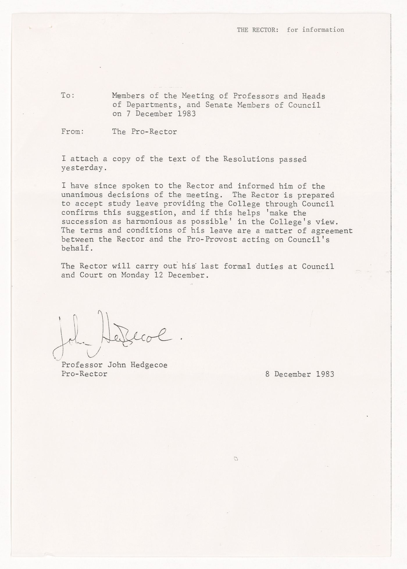 Royal College of Art memorandum on March's resignation terms