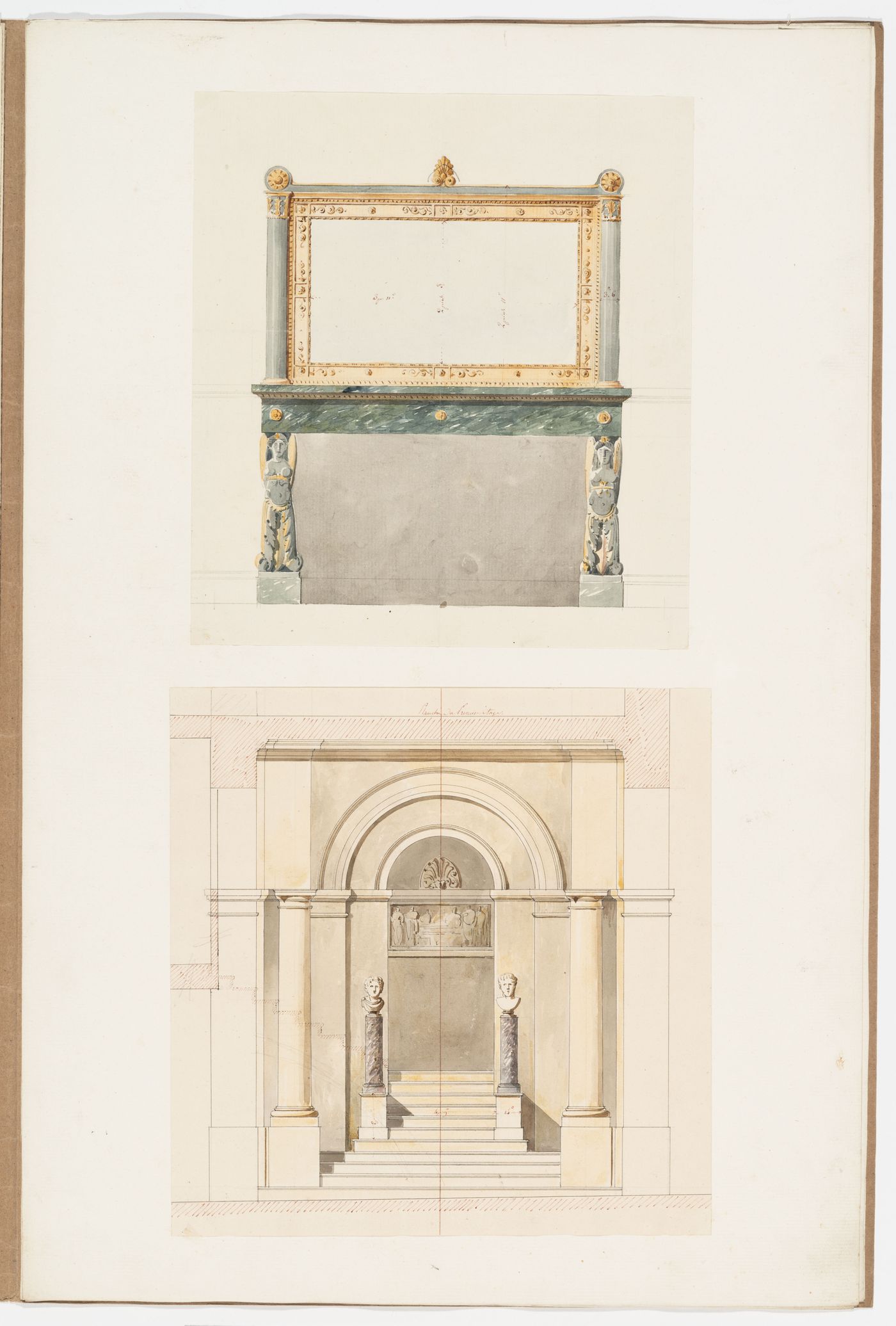 Elevation for an Empire style fireplace; Elevation for an entrance with stairs