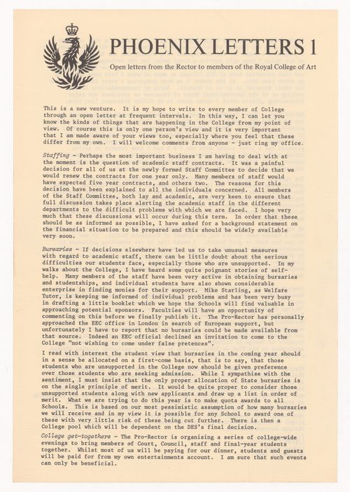 Open letter by Lionel March for the Royal College of Art publication "Phoenix Letters"