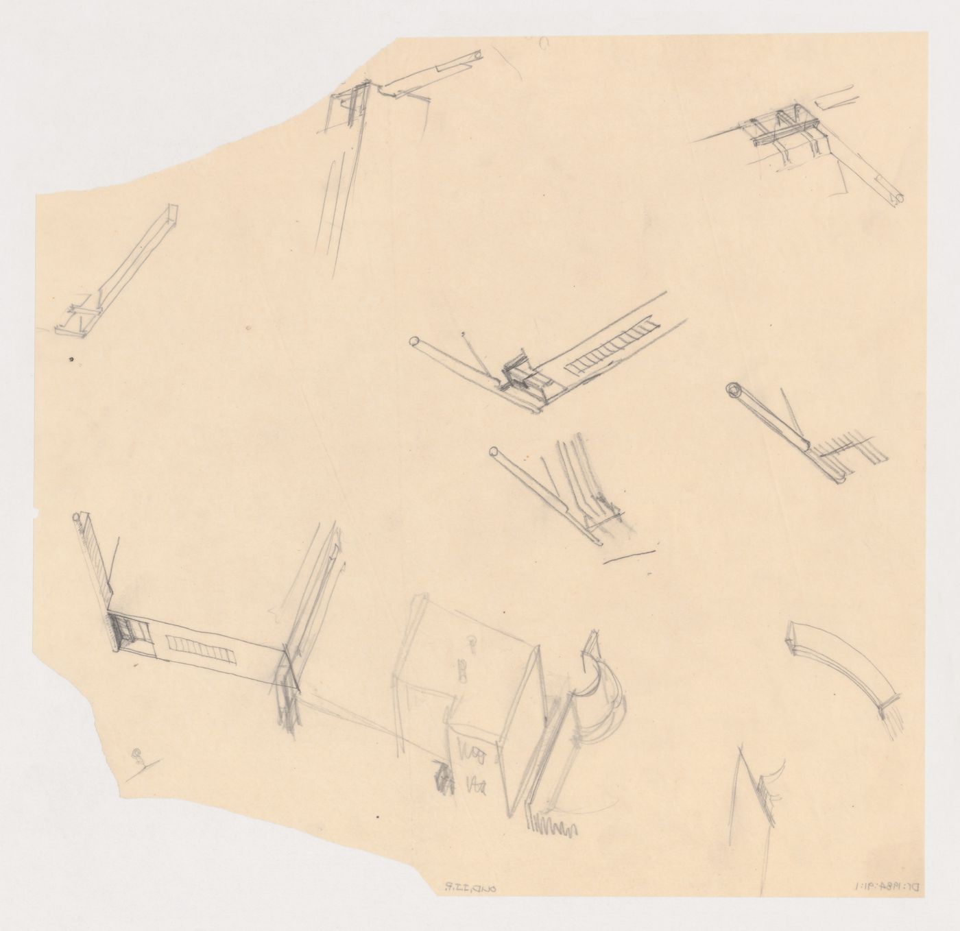 Partial bird's-eye sketch axonometrics for the church for Kiefhoek Housing Estate, Rotterdam, Netherlands