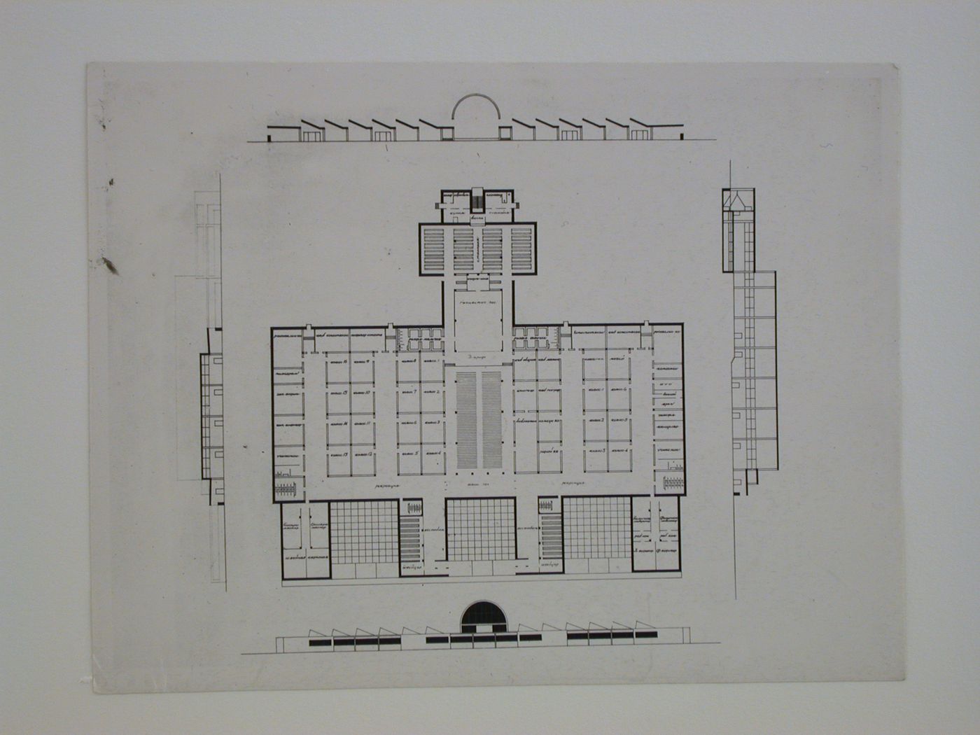 Photograph of plans and sections for an experimental design for a single-storey school, Soviet Union (now in Russia)