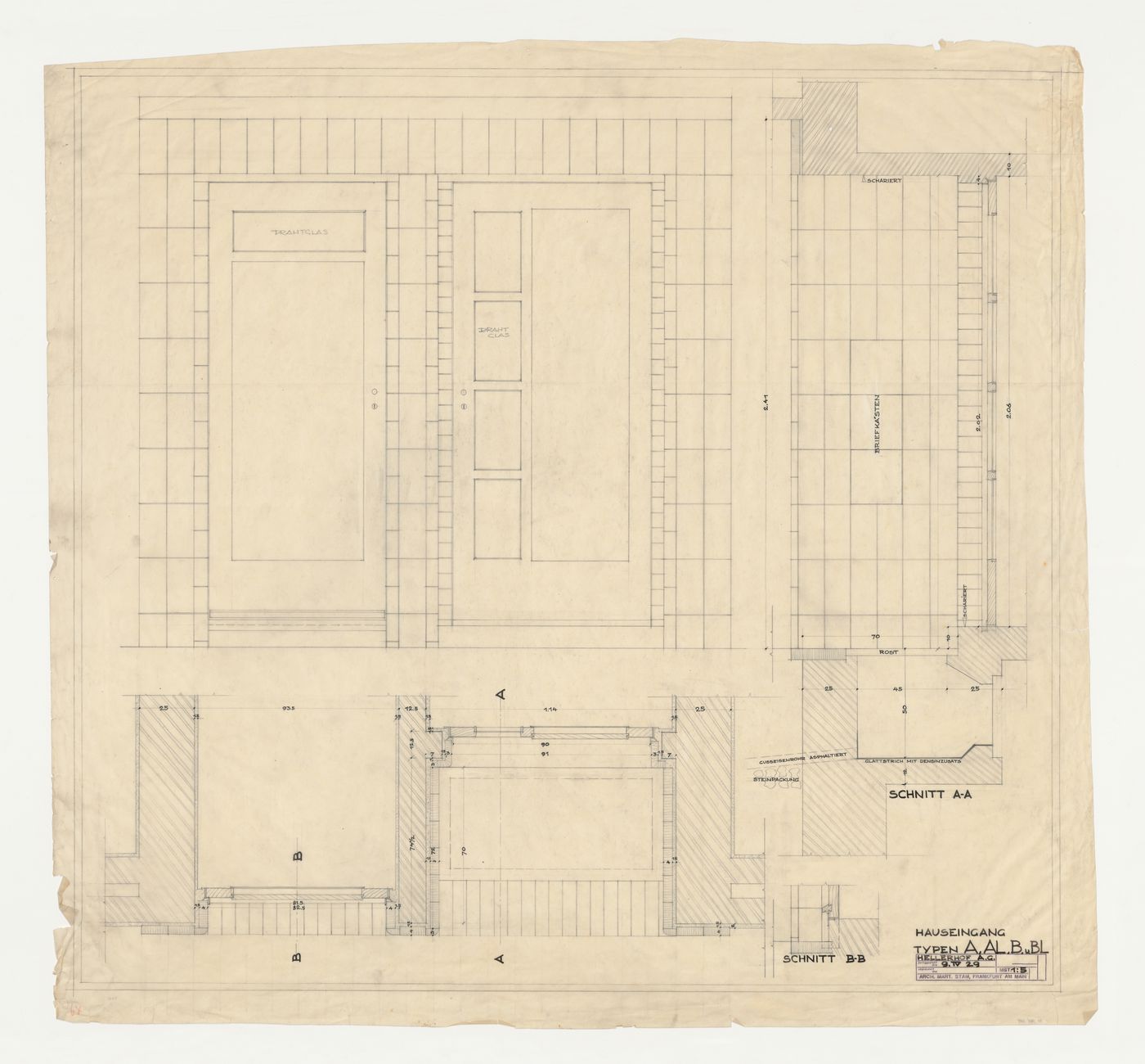 Elevation, plan, and sections for an entrance for types A to B and types AL to BL housing units, Hellerhof Housing Estate, Frankfurt am Main, Germany