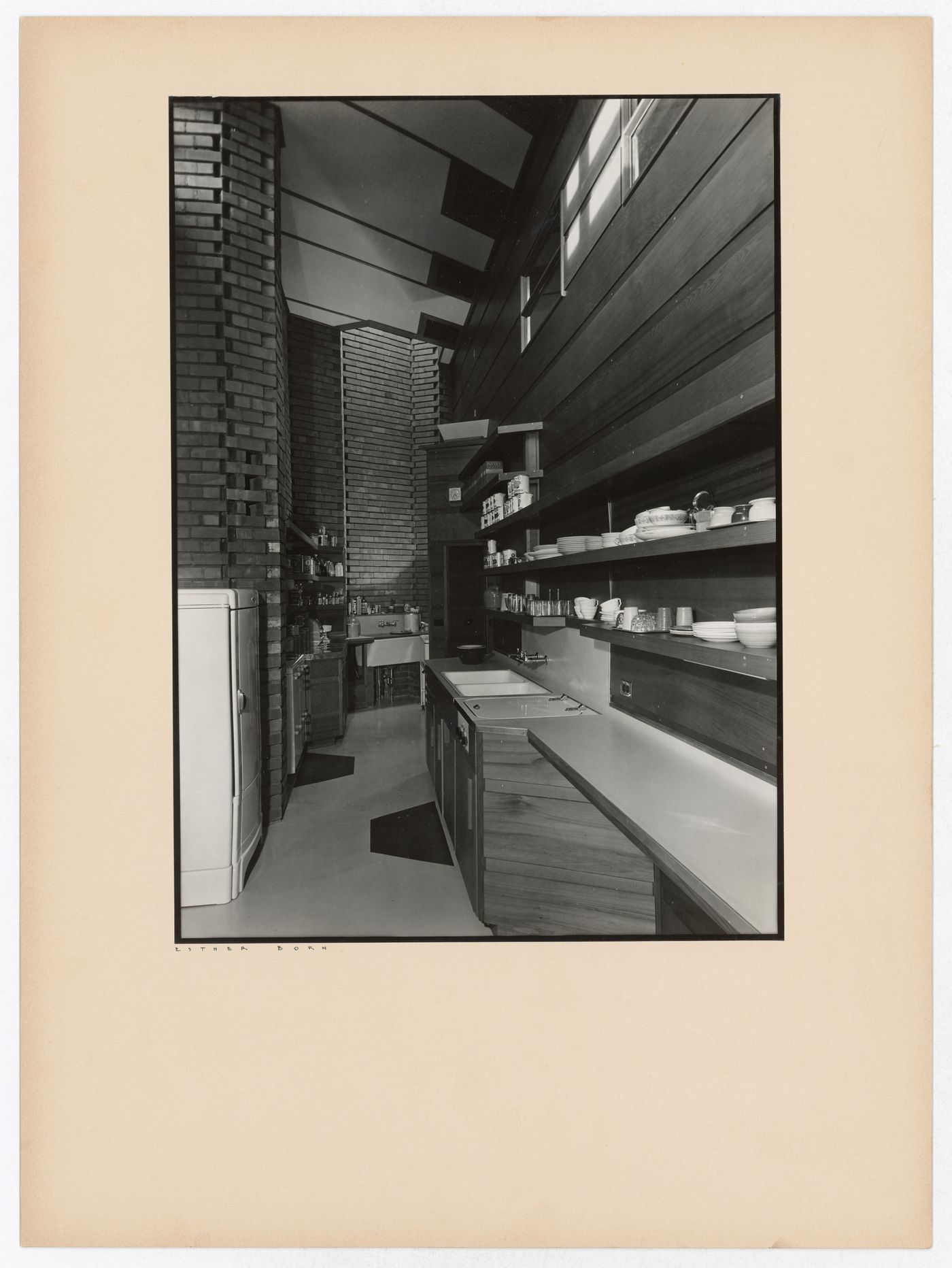 Interior view of the kitchen showing appliances, dishes, and cans, the Hanna House, Palo Alto, California, United States