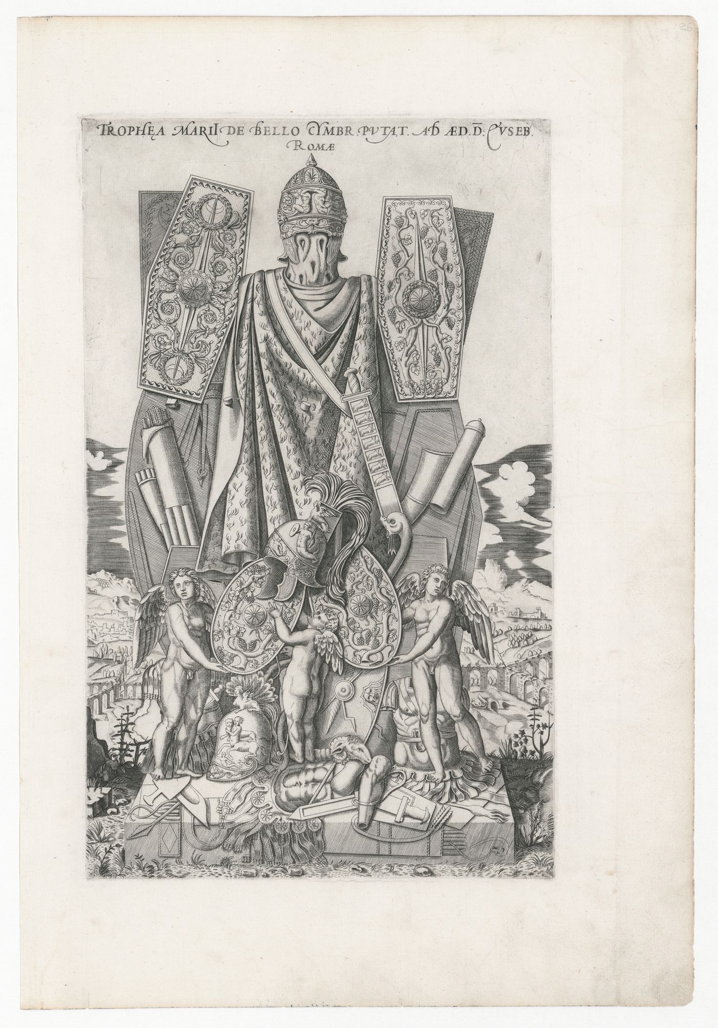 Perspective of the trophies of Marius with three putti