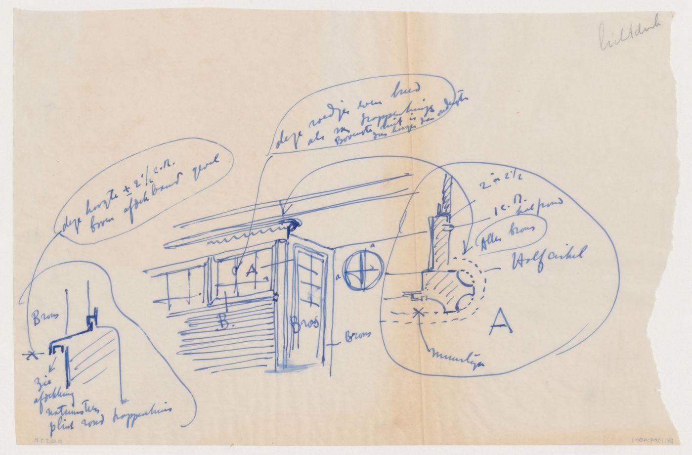 Sketch perspective for a doorway and broken-out sections for window details, possibly for the Shell Building, The Hague, Netherlands