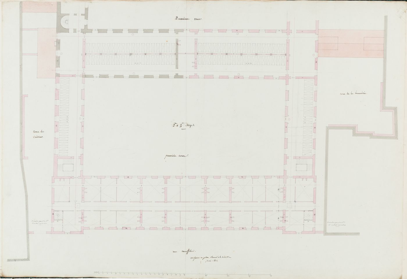 Project for the caserne de la Gendarmerie royale, rue Mouffetard: Second and third floor plan for the buildings surrounding the first courtyard